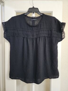 Dokotoo Black Swiss Dot Crochet Lace Boho Blouse Top Large